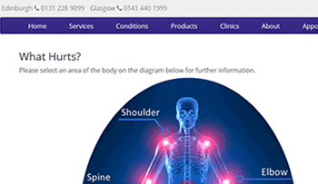 Buchanan Clinic treat back, shoulder, wrist, foot and related otrhotic problems. Image shows screenshot of What Hurts diagram.